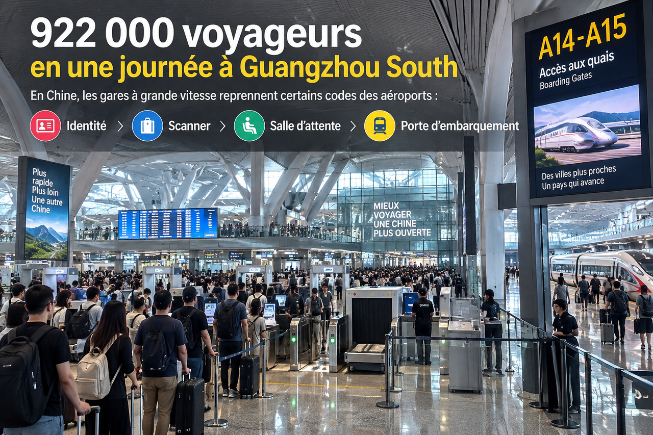 Illustration STORIMITIK d’une grande gare chinoise à grande vitesse, avec contrôles, foule et données sur Guangzhou South.