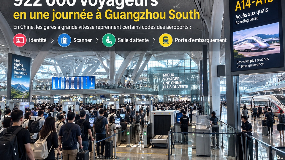 Illustration STORIMITIK d’une grande gare chinoise à grande vitesse, avec contrôles, foule et données sur Guangzhou South.