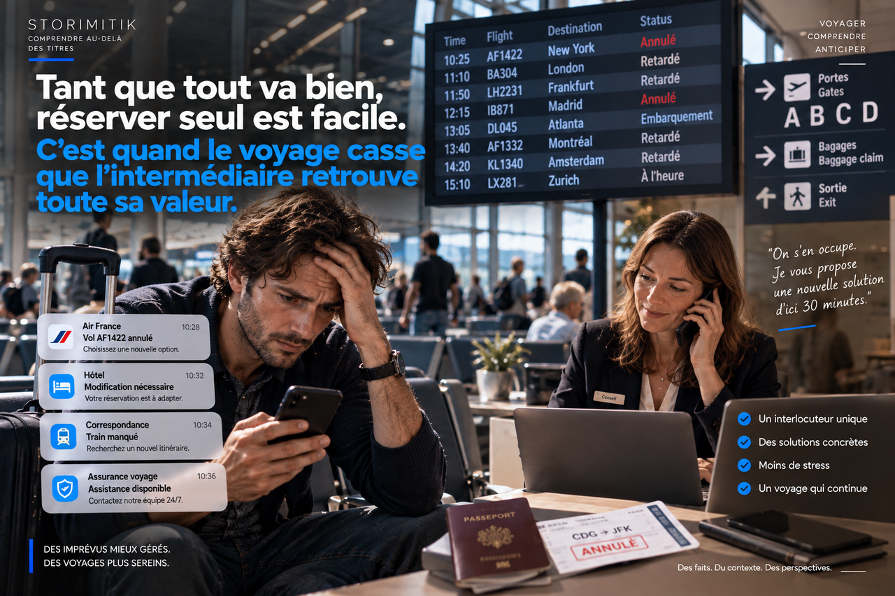 Visuel STORIMITIK montrant un voyageur confronté à une annulation et à plusieurs changements tandis qu’un conseiller réorganise le voyage.