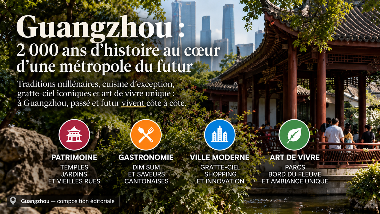 Illustration STORIMITIK montrant un jardin de style Lingnan au premier plan et la skyline moderne de Guangzhou en arrière-plan.