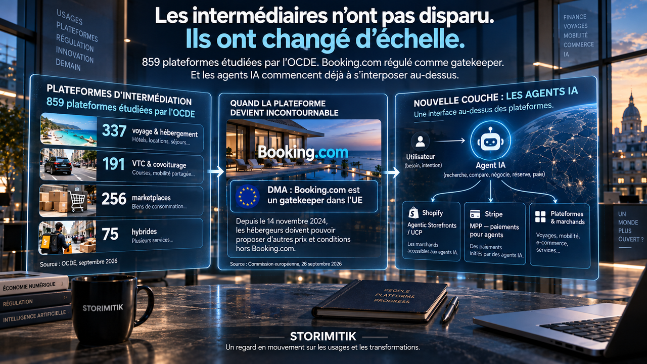 Infographie STORIMITIK présentant les 859 plateformes étudiées par l’OCDE, le statut DMA de Booking.com et l’émergence des agents IA comme nouvelle couche d’intermédiation.