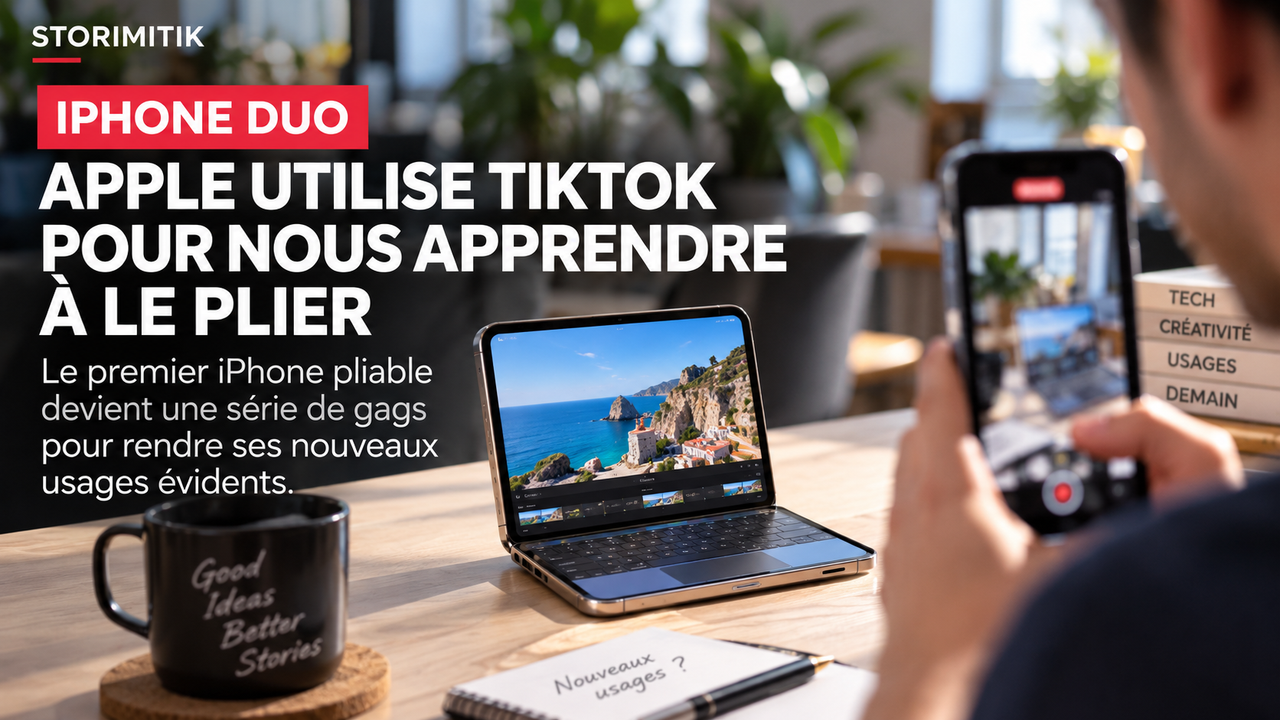 Visuel STORIMITIK consacré à la campagne TikTok de l’iPhone Duo, montrant un smartphone pliable utilisé comme un mini-ordinateur.