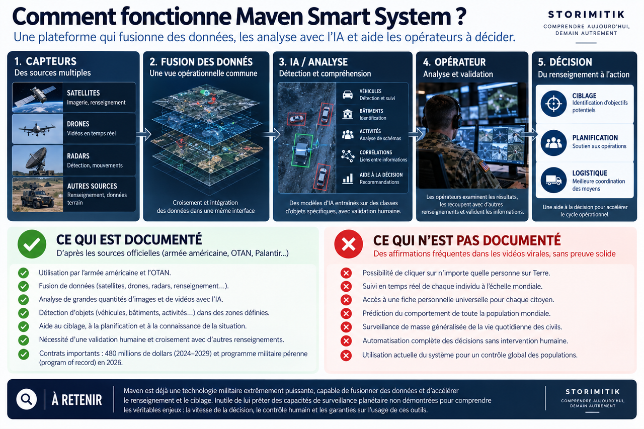 Infographie expliquant le fonctionnement documenté de Maven Smart System, des capteurs jusqu’à la décision, avec distinction entre capacités établies et affirmations non documentées.