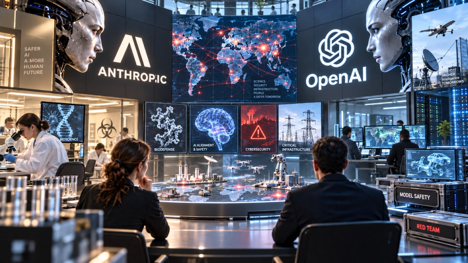 Représentation éditoriale d’un centre de commandement futuriste mettant en scène Anthropic et OpenAI face à des usages sensibles de l’intelligence artificielle, notamment cybersécurité, biologie et infrastructures critiques.