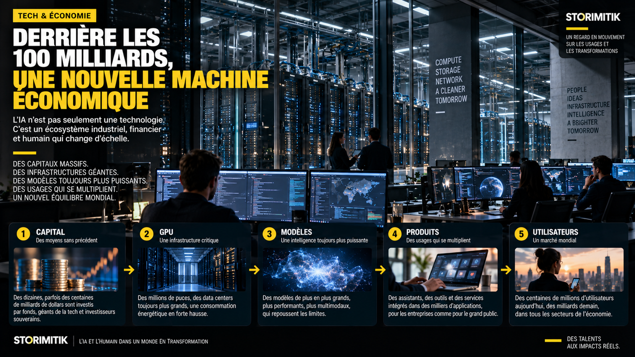 Illustration éditoriale STORIMITIK montrant un data center et la chaîne économique reliant capital, calcul, modèles, produits et utilisateurs.