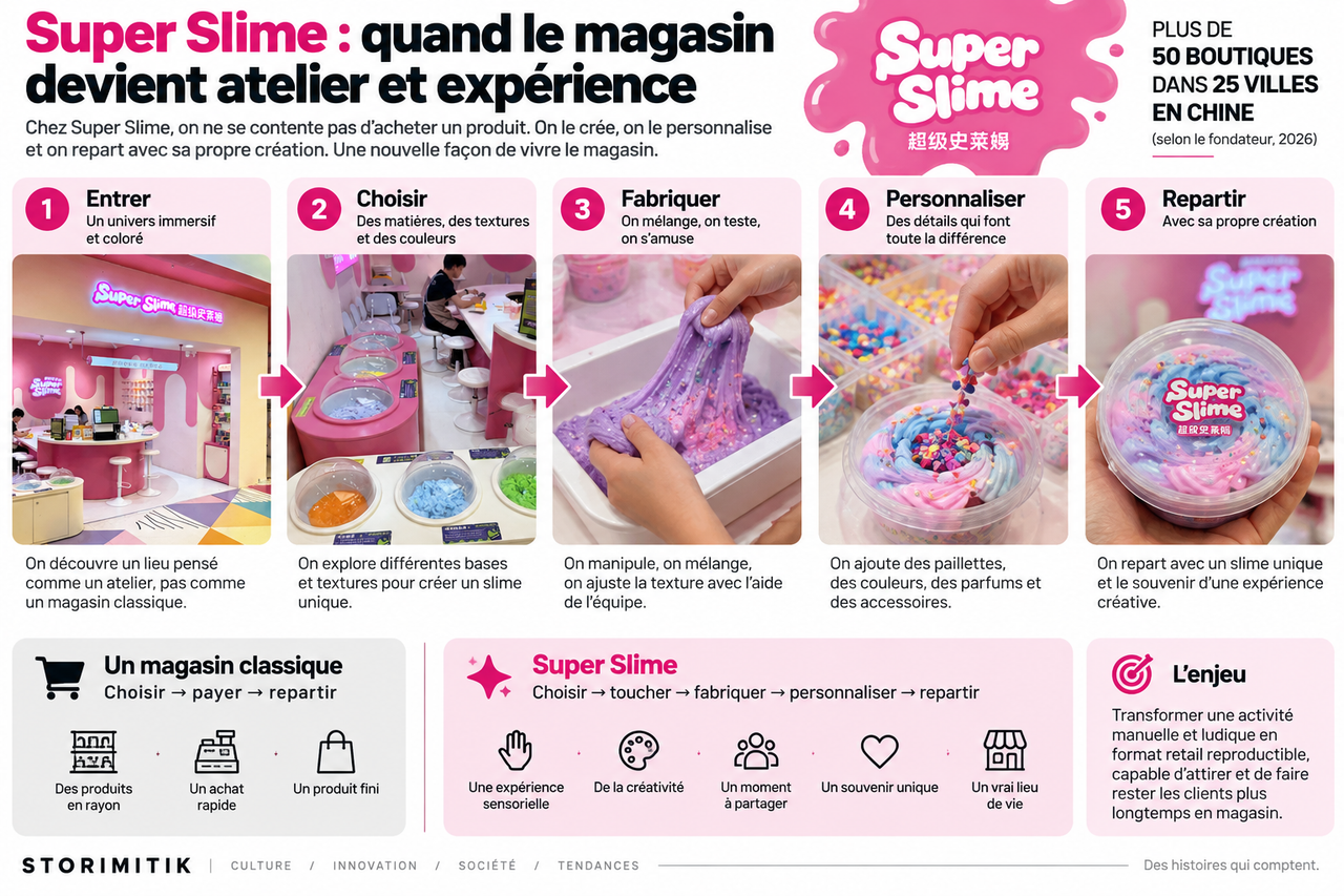 Infographie STORIMITIK montrant le parcours d’expérience Super Slime : entrer, choisir, fabriquer, personnaliser puis repartir avec sa création.