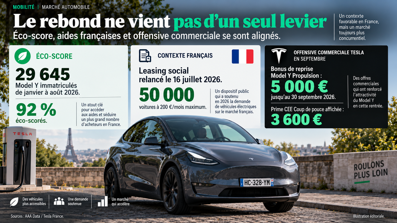 Tesla Model Y entouré de trois blocs expliquant l’éco-score, le leasing social français et l’offensive commerciale Tesla de l’été 2026.