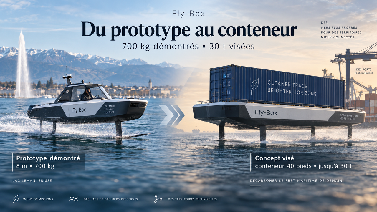 Infographie éditoriale STORIMITIK comparant le prototype Fly-Box Compact de 8 mètres et 700 kg au concept de série visant un conteneur de 40 pieds jusqu’à 30 tonnes.