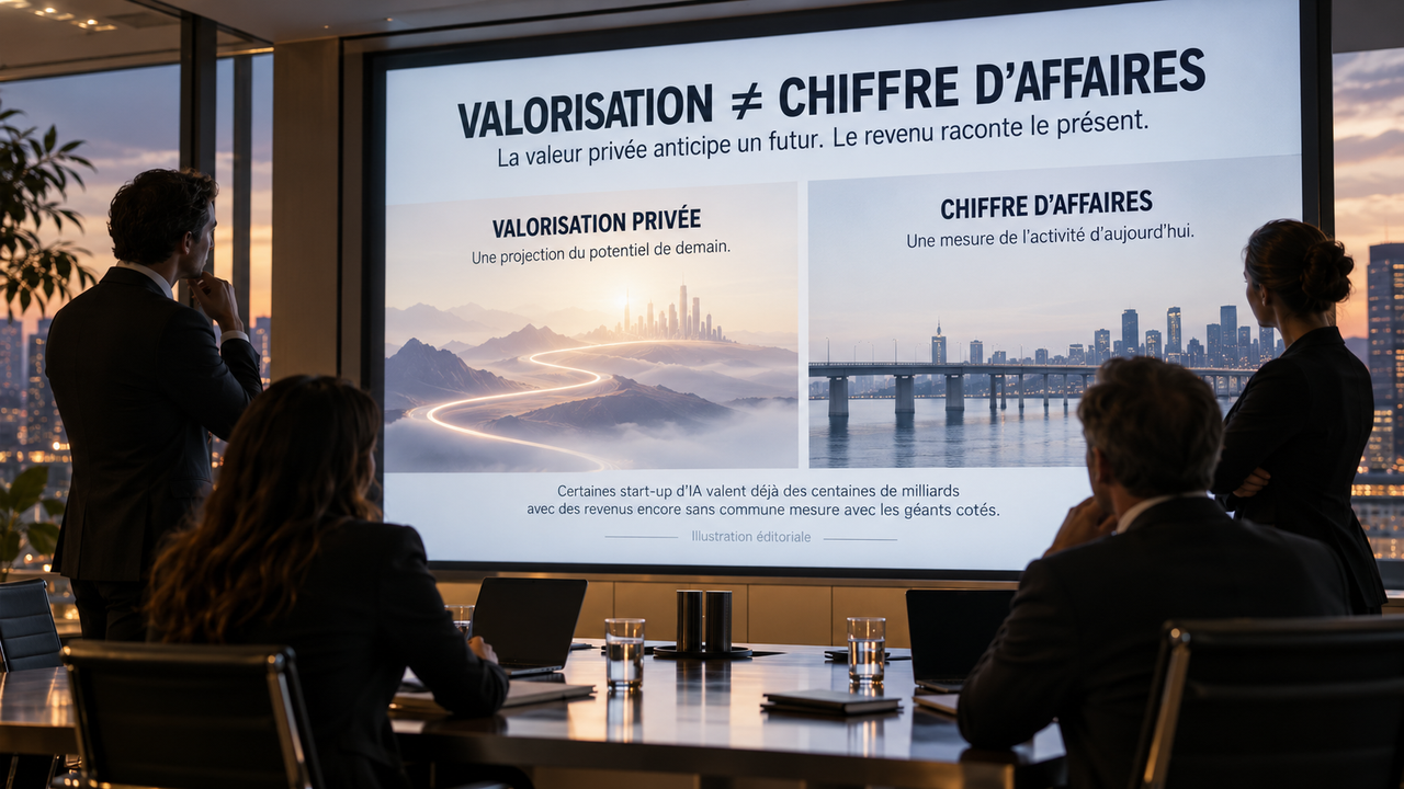 Illustration éditoriale STORIMITIK montrant une présentation opposant valorisation privée et chiffre d’affaires.