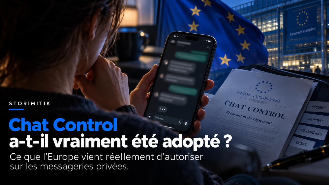 Une personne consulte une messagerie privée sur smartphone devant un décor institutionnel européen, avec un dossier consacré à Chat Control.