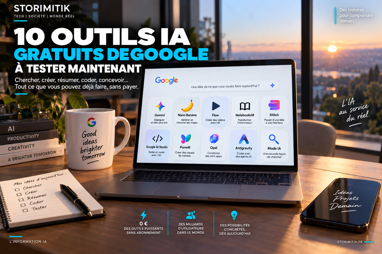 Illustration STORIMITIK présentant dix outils d’intelligence artificielle de Google accessibles gratuitement ou avec des quotas gratuits.
