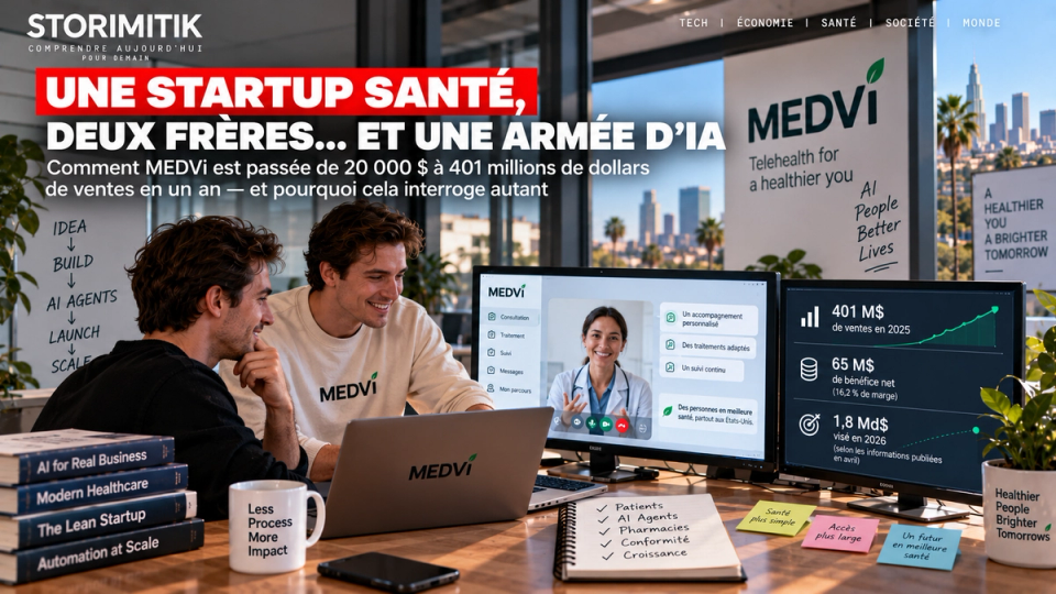Illustration éditoriale de deux fondateurs d’une startup santé travaillant avec des outils d’intelligence artificielle, inspirée du modèle MEDVi.