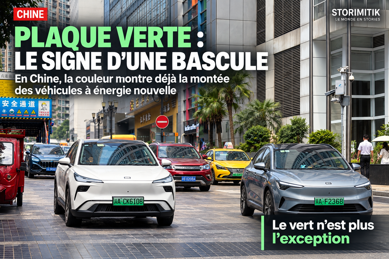 Illustration STORIMITIK montrant plusieurs véhicules à plaques vertes dans une rue chinoise.