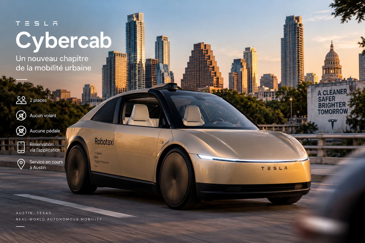 Illustration éditoriale d’un Tesla Cybercab mettant en avant son architecture de véhicule autonome dédié.