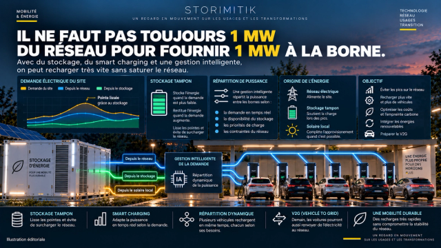Illustration éditoriale STORIMITIK sur le pilotage énergétique d’un hub : stockage tampon, smart charging, répartition dynamique et V2G.