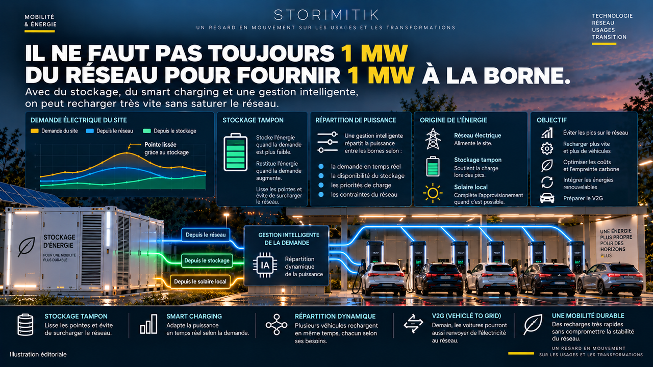 Illustration éditoriale STORIMITIK montrant le pilotage énergétique d’un hub : stockage tampon, smart charging, répartition dynamique de puissance et V2G.
