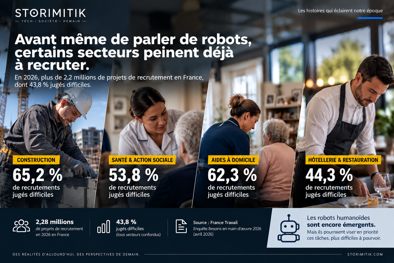 Infographie STORIMITIK sur les difficultés de recrutement en France en 2026 dans la construction, la santé, l’aide à domicile et l’hôtellerie-restauration.