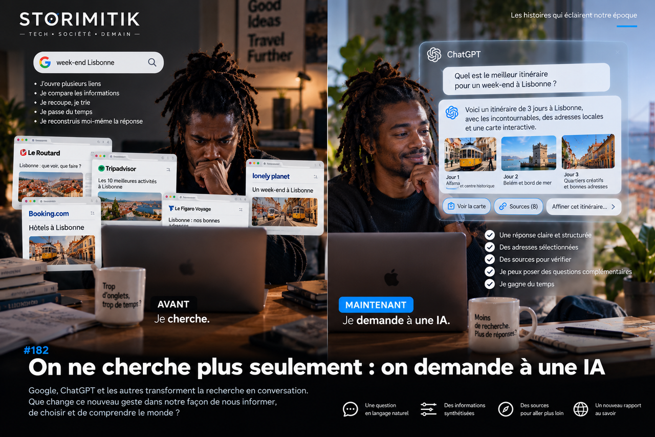 Comparaison éditoriale STORIMITIK entre une recherche Web classique avec plusieurs liens et une recherche conversationnelle avec synthèse et sources.