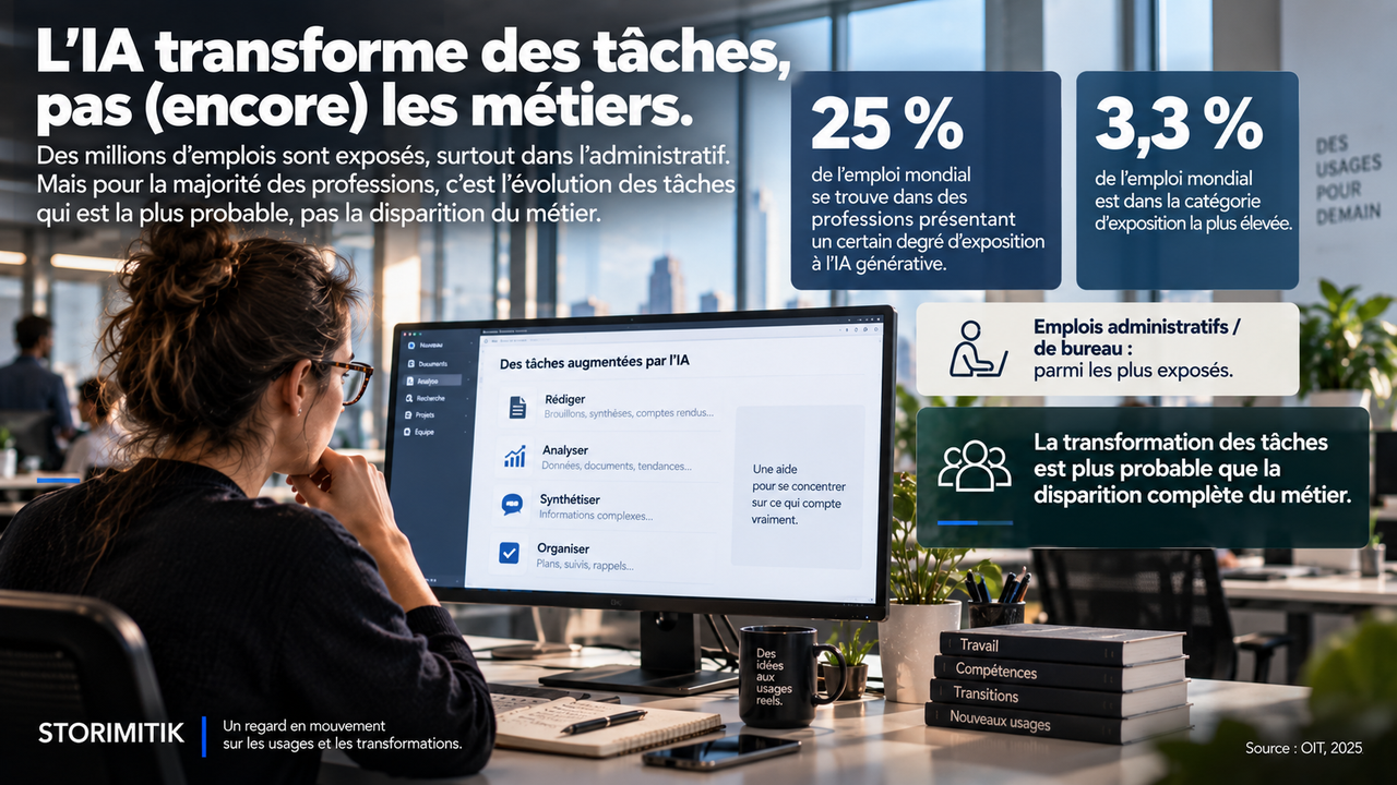 Infographie STORIMITIK sur l’exposition mondiale des emplois à l’IA générative selon l’OIT, avec 25 % exposés à un certain degré et 3,3 % dans la catégorie la plus élevée.