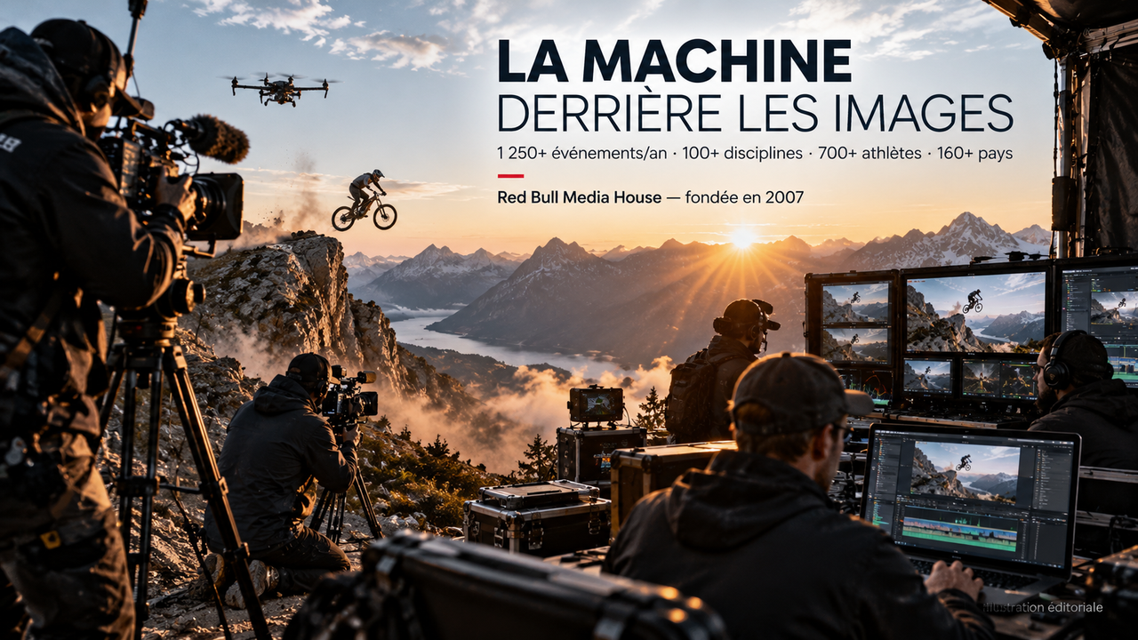 Illustration éditoriale montrant une équipe de production filmant un événement de sport extrême, avec caméras, régie et diffusion.