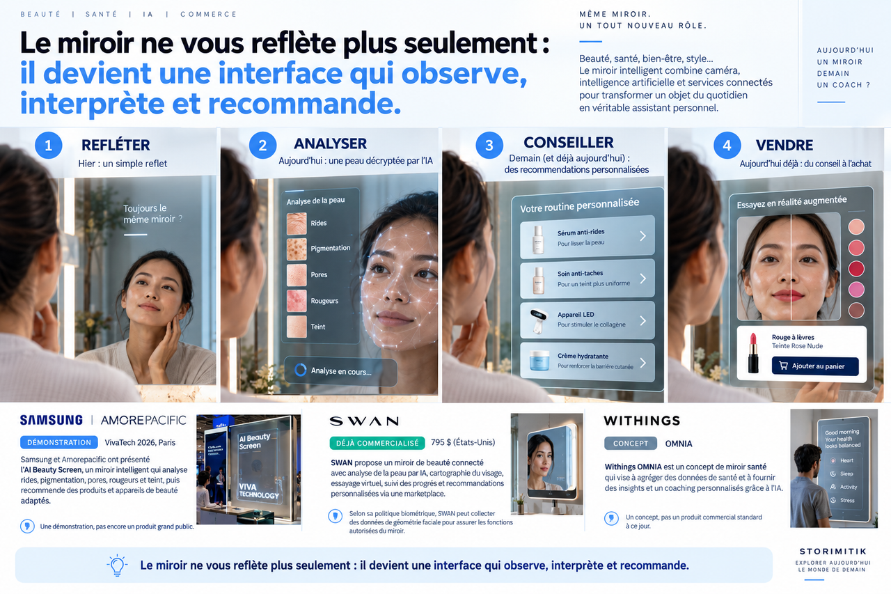 Infographie montrant l’évolution du miroir intelligent : refléter, analyser la peau, conseiller une routine puis proposer des produits, avec les exemples Samsung-Amorepacific, SWAN et Withings.