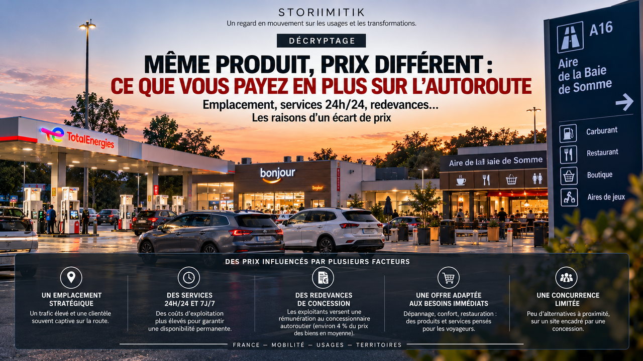 Infographie éditoriale présentant plusieurs facteurs économiques pouvant influencer les prix sur une aire autoroutière : emplacement, services permanents, concession, besoin immédiat et concurrence locale.