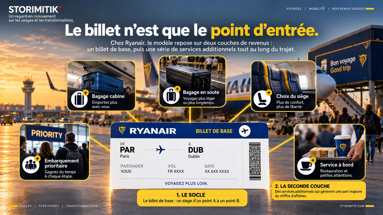 Infographie éditoriale STORIMITIK montrant un billet Ryanair comme socle et plusieurs services additionnels autour du voyage.