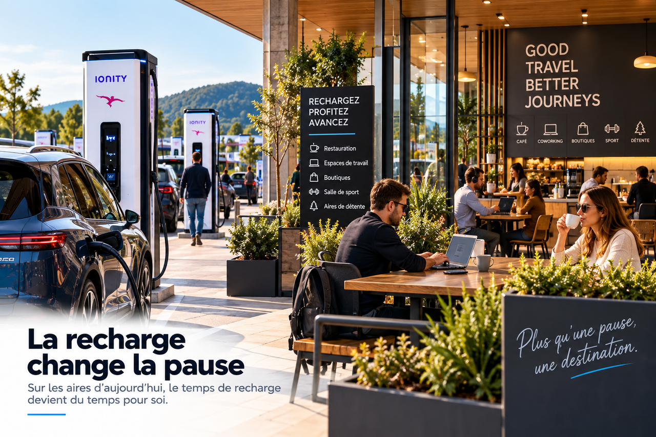 Illustration éditoriale d’une aire de recharge avec café, espaces de travail et détente.
