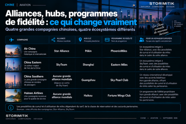 Matrice comparant Air China, China Eastern, China Southern et Hainan Airlines selon leur alliance, hub principal et programme de fidélité.