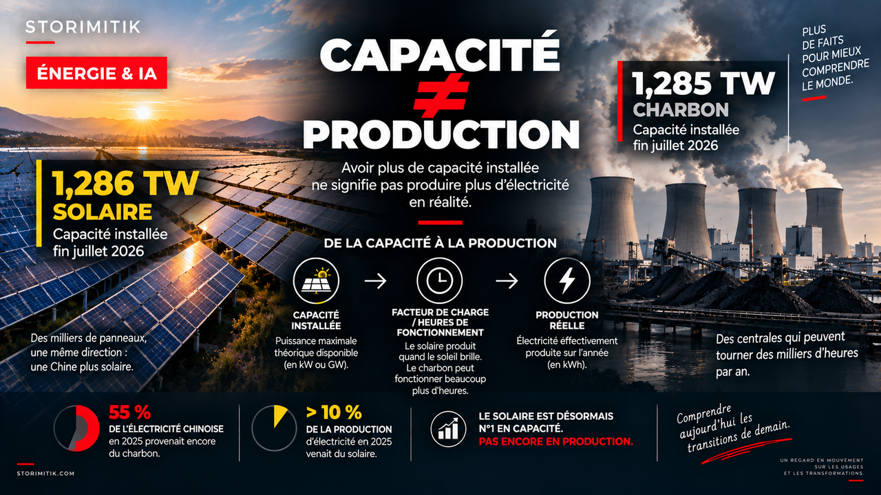 Illustration STORIMITIK comparant capacité installée et production réelle entre solaire et charbon en Chine.