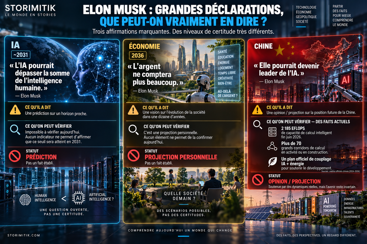Infographie STORIMITIK distinguant ce qu’Elon Musk a dit, ce qui peut être vérifié et ce qui reste incertain.