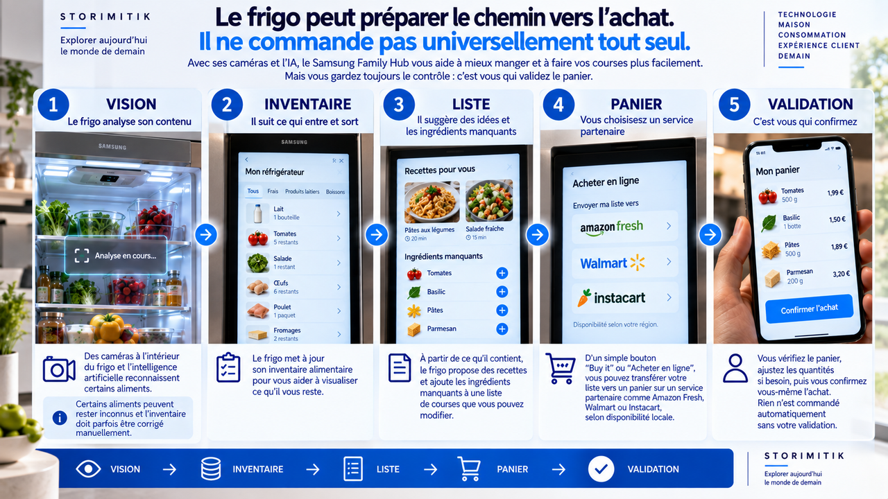 Infographie montrant la chaîne vision, inventaire, liste, panier et validation d’un réfrigérateur intelligent Family Hub.