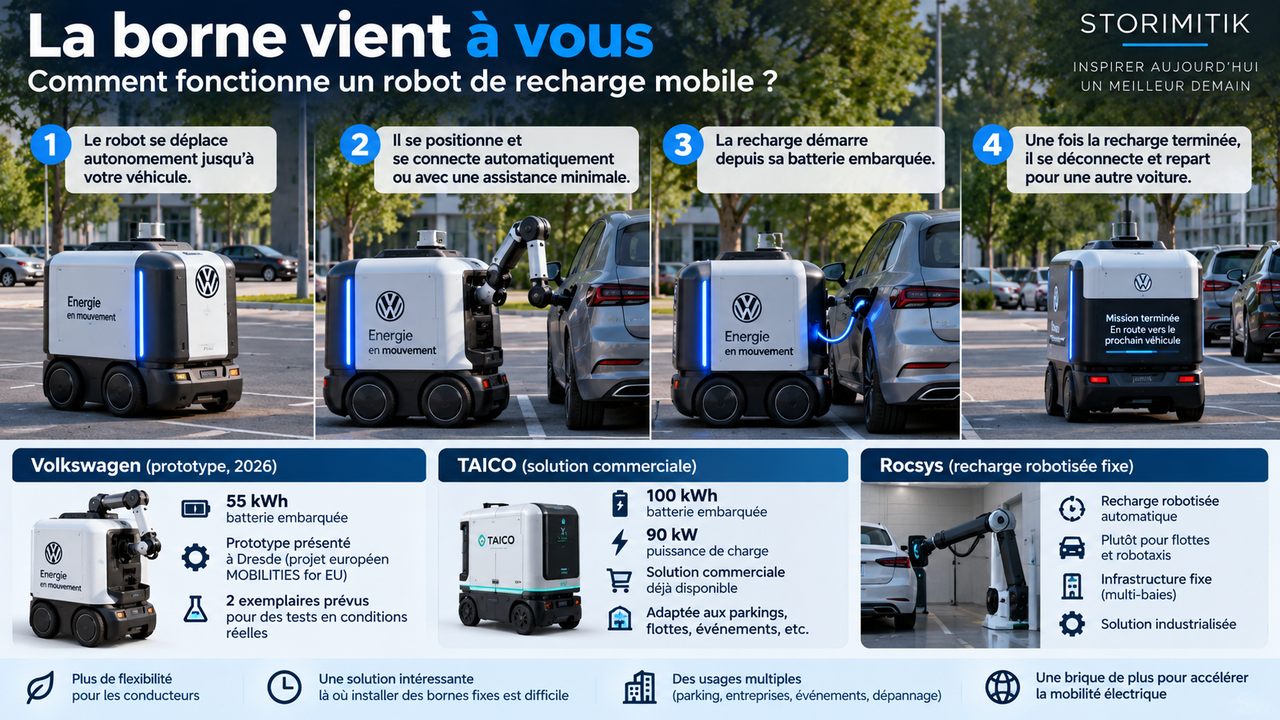 Infographie STORIMITIK expliquant le fonctionnement d’un robot mobile de recharge et comparant prototype Volkswagen, solution mobile TAICO et recharge robotisée fixe Rocsys.