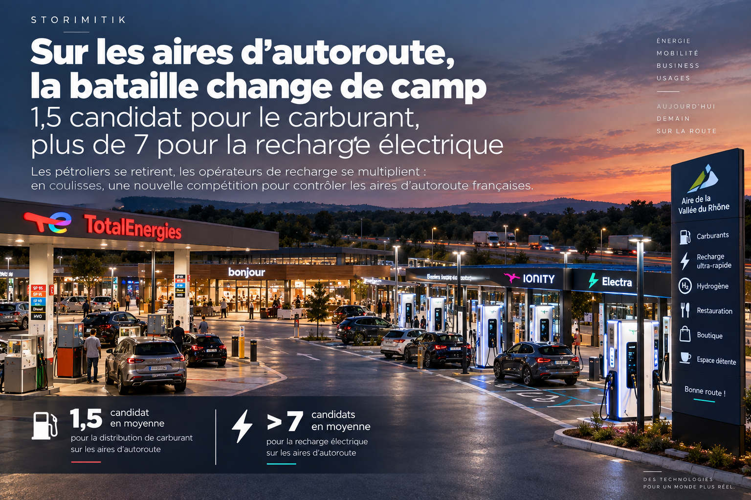 Illustration éditoriale d’une aire d’autoroute française combinant station-service traditionnelle et recharge électrique ultra-rapide.
