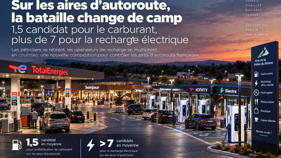 Illustration éditoriale d’une aire d’autoroute française combinant station-service traditionnelle et recharge électrique ultra-rapide.