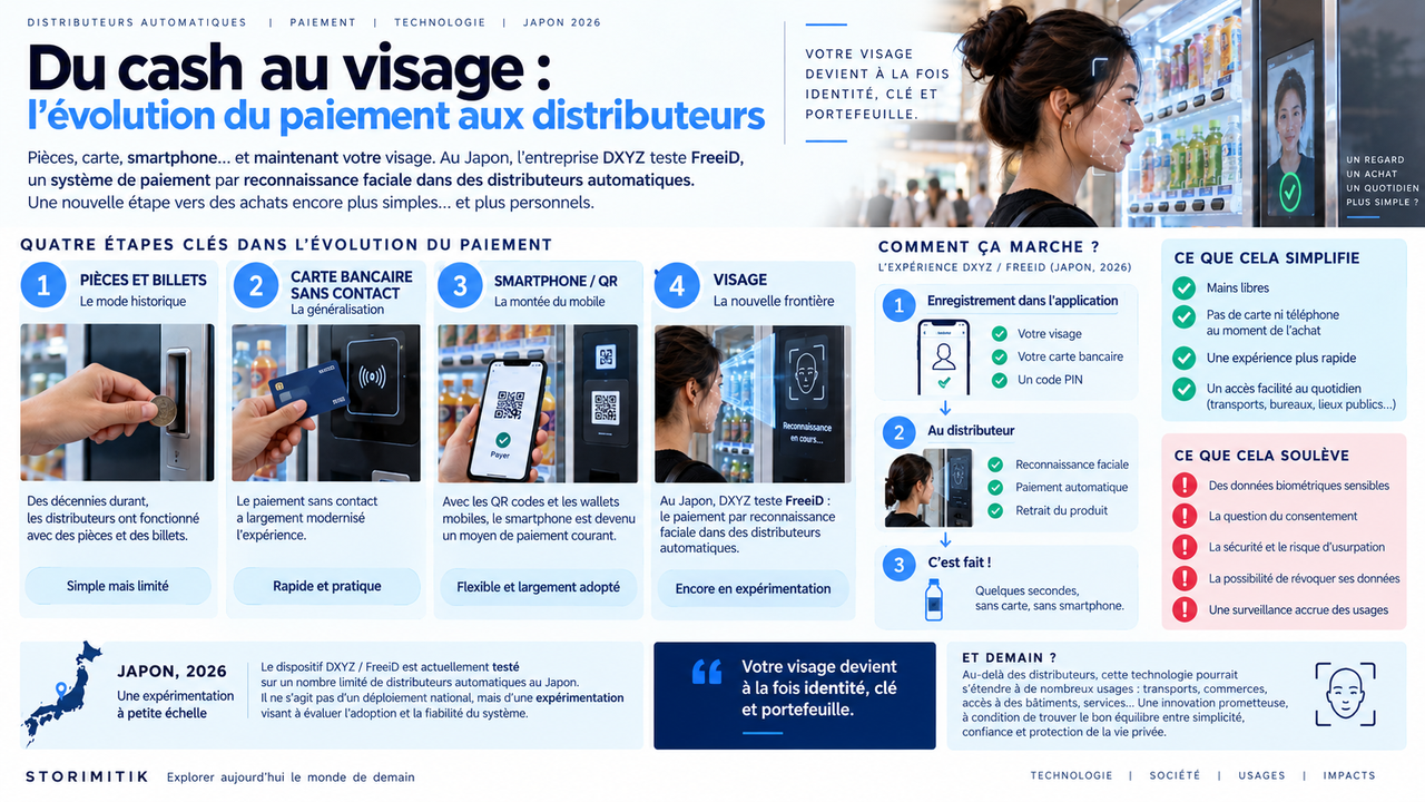 Infographie montrant l’évolution du paiement aux distributeurs automatiques, des pièces à la carte, au smartphone puis à la reconnaissance faciale FreeiD au Japon.