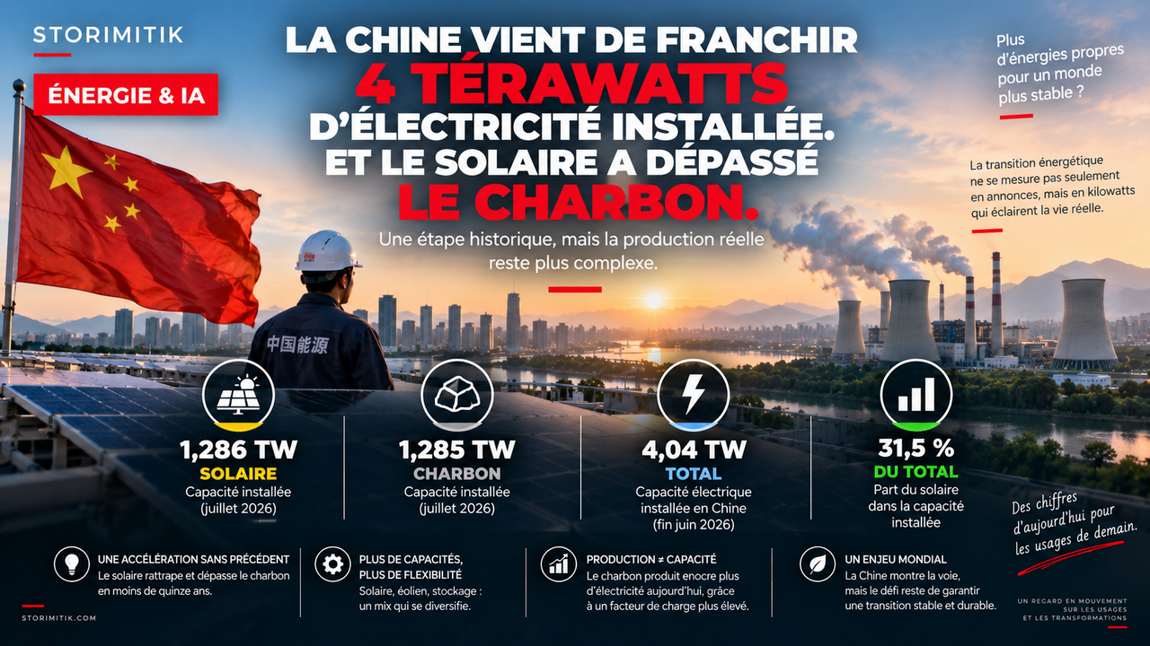 Illustration STORIMITIK montrant un vaste parc solaire chinois, un système électrique de plus de 4 térawatts et des centrales thermiques en arrière-plan.