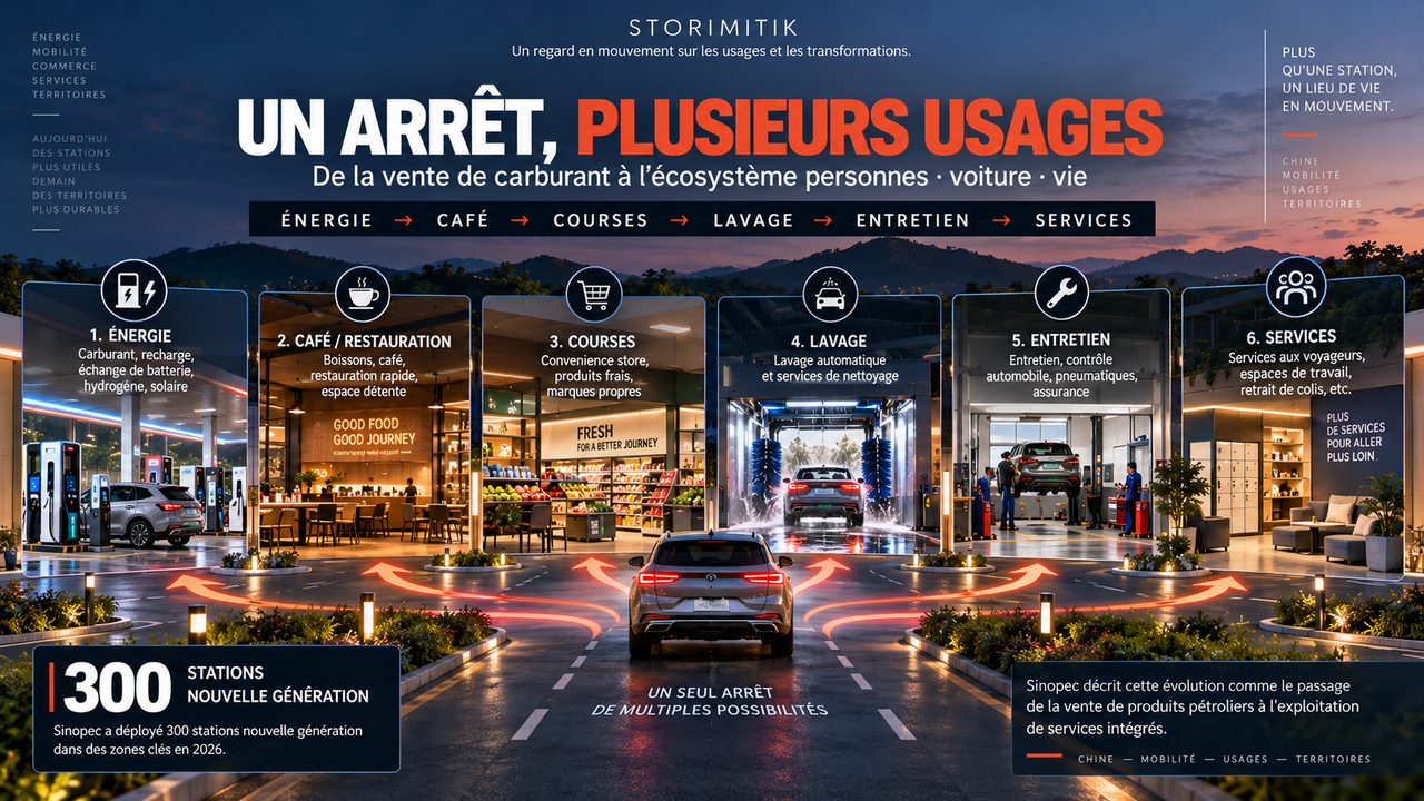 Infographie éditoriale illustrant les différents usages possibles lors d’un arrêt dans une station multi-services : énergie, café, courses, lavage, entretien et autres services.