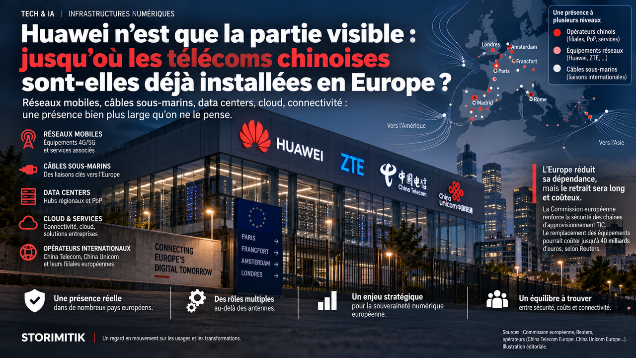 Illustration éditoriale montrant les différents niveaux de présence des groupes télécoms chinois dans les infrastructures numériques européennes.