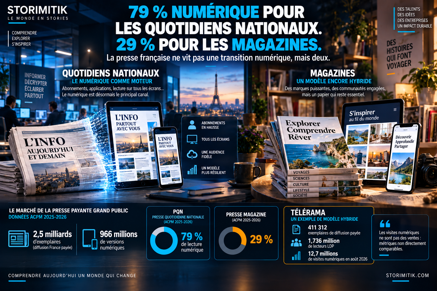 Illustration STORIMITIK comparant la transition numérique des quotidiens nationaux et des magazines français.