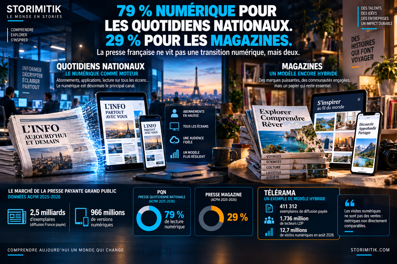 Illustration STORIMITIK comparant la transition numérique des quotidiens nationaux et des magazines français.