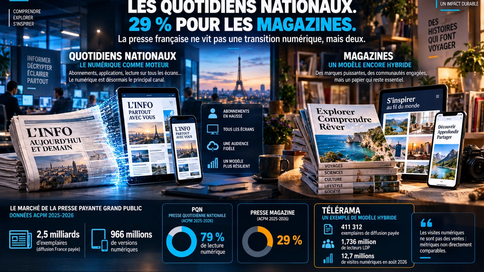 Illustration STORIMITIK comparant la transition numérique des quotidiens nationaux et des magazines français.