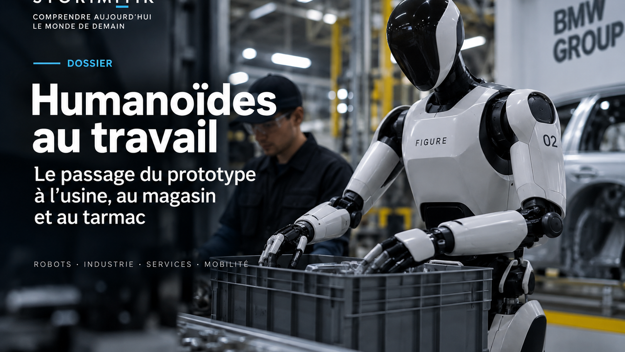 Illustration éditoriale STORIMITIK d’un humanoïde au travail dans un environnement industriel.