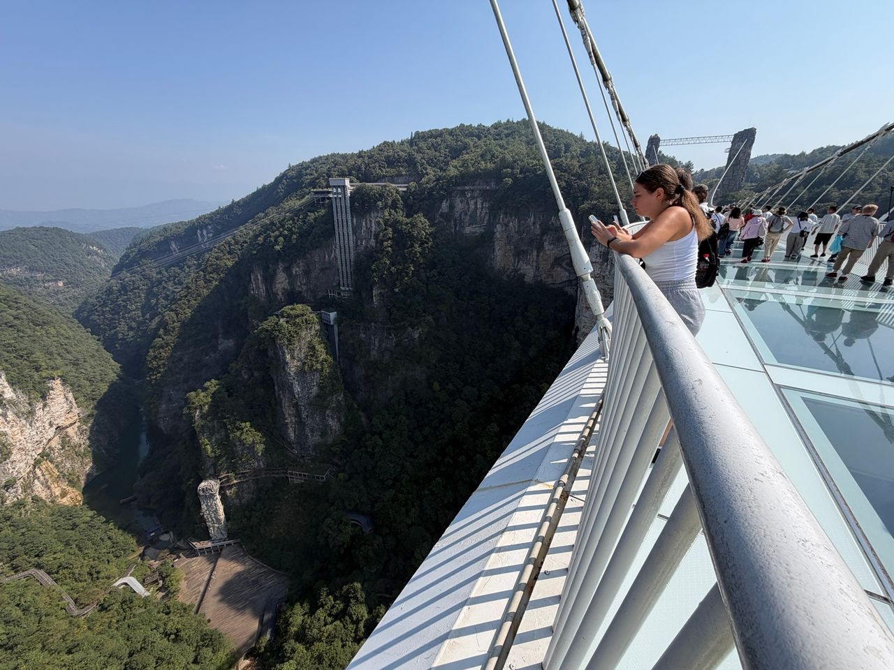 Visiteurs marchant sur les panneaux transparents du Grand Canyon Glass Bridge.