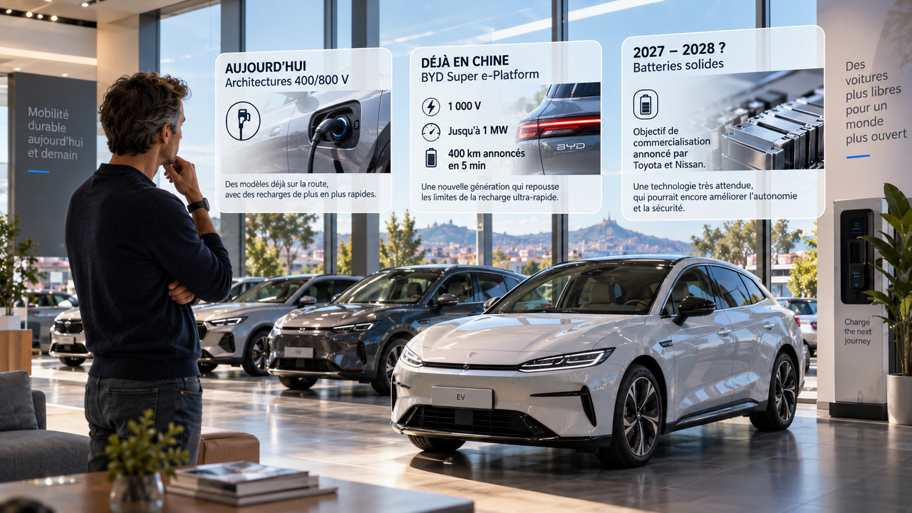 Visuel sur l’évolution technologique des voitures électriques montrant les architectures 400 et 800 volts actuelles, la plateforme BYD 1000 volts et 1 mégawatt en Chine, et les batteries solides visées pour 2027-2028.