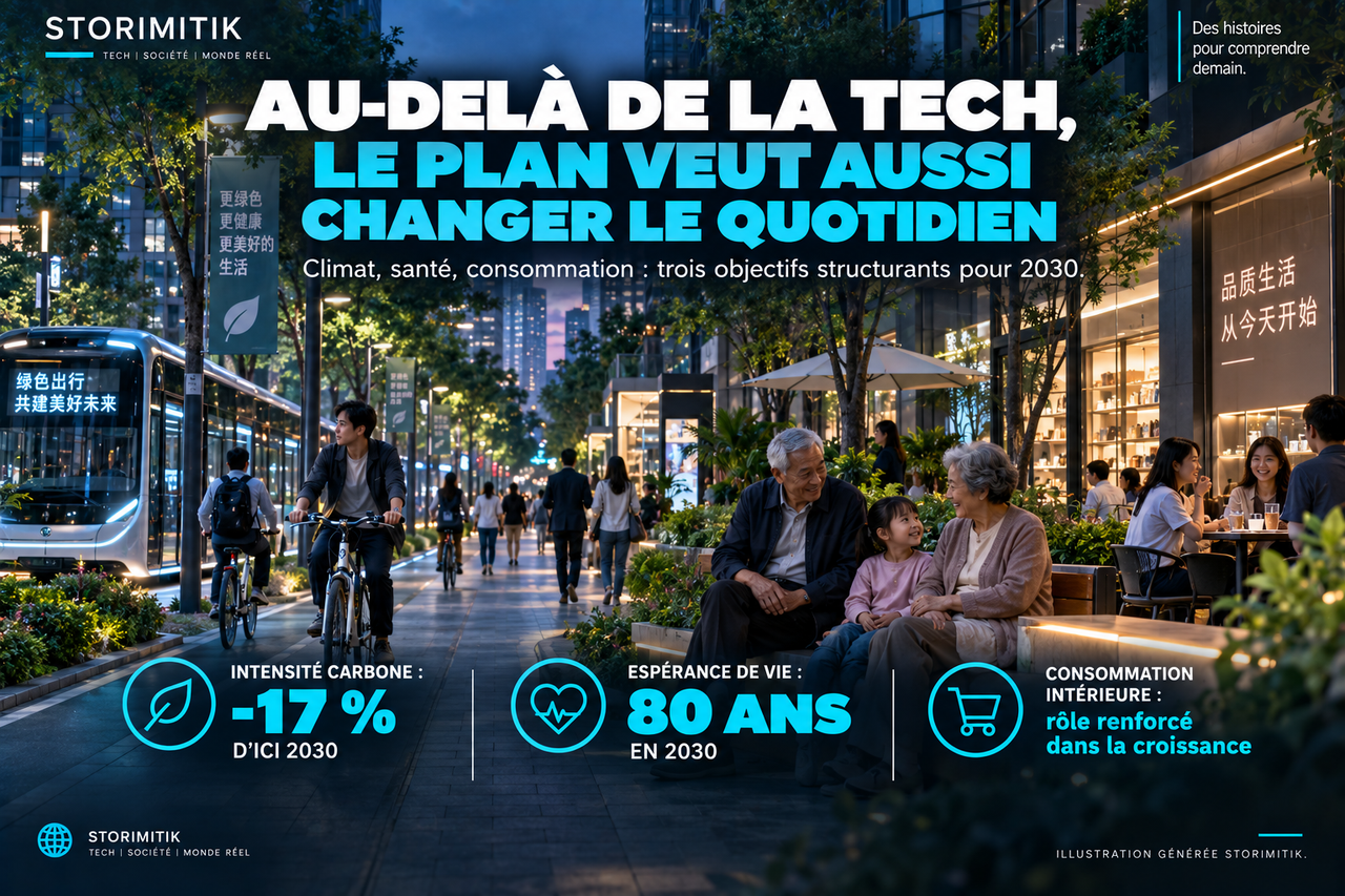 Illustration STORIMITIK des objectifs sociaux et environnementaux du 15e plan quinquennal chinois : baisse de l’intensité carbone, espérance de vie de 80 ans et rôle accru de la consommation intérieure.