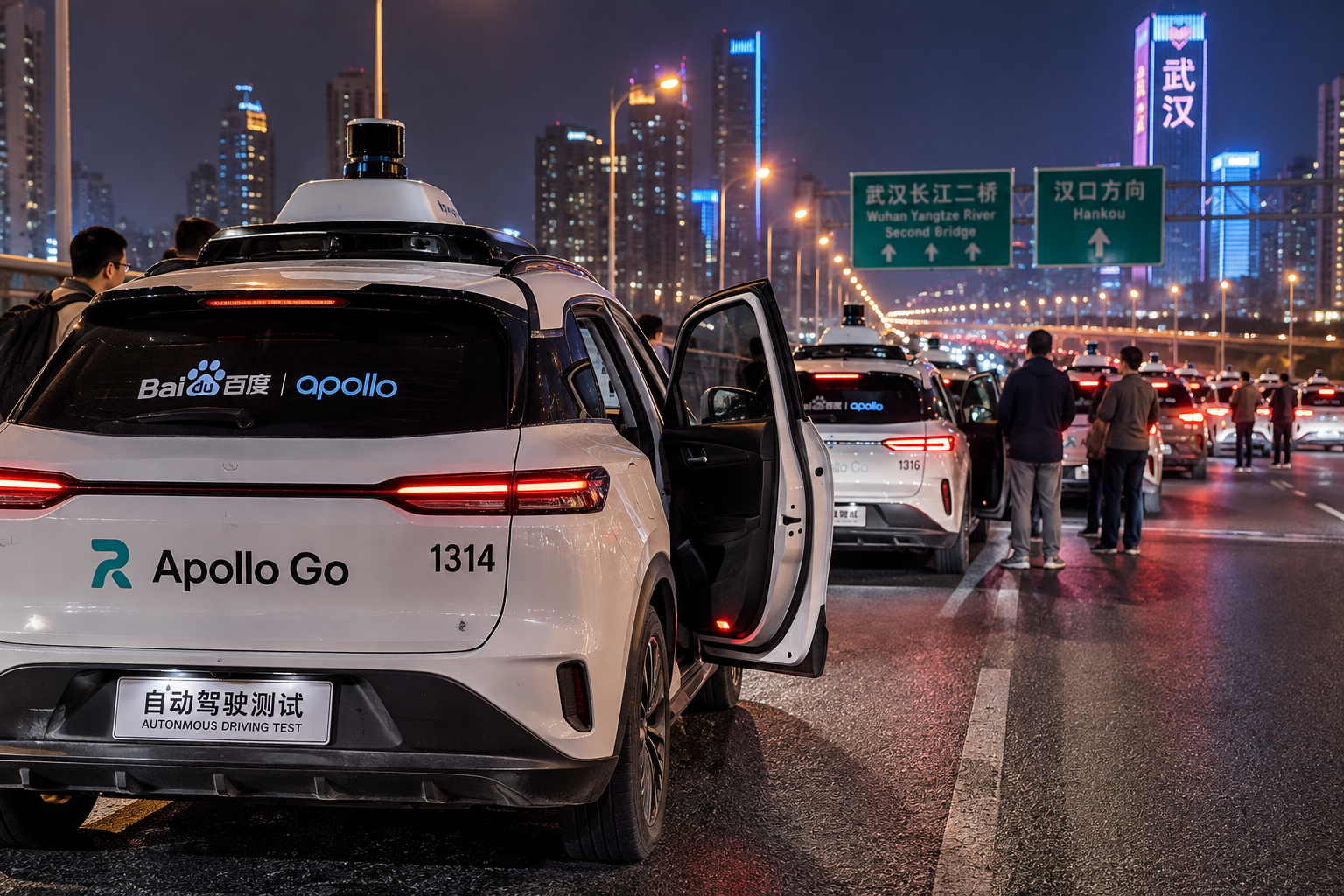 Illustration éditoriale de plusieurs robotaxis Apollo Go immobilisés de nuit sur une voie rapide de Wuhan.