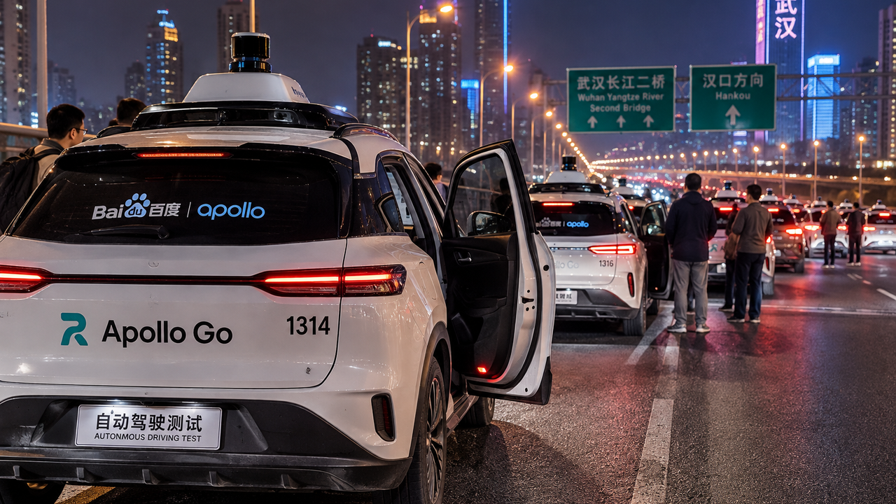 Illustration éditoriale de plusieurs robotaxis Apollo Go immobilisés de nuit sur une voie rapide de Wuhan.