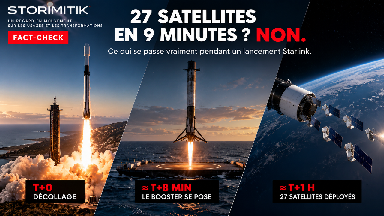 Infographie éditoriale expliquant la différence entre décollage, retour du booster et déploiement des satellites lors d’une mission Starlink.