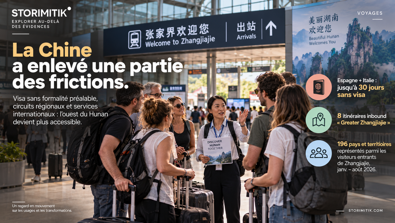 Voyageurs internationaux accueillis par une guide dans une infrastructure de transport de Zhangjiajie.